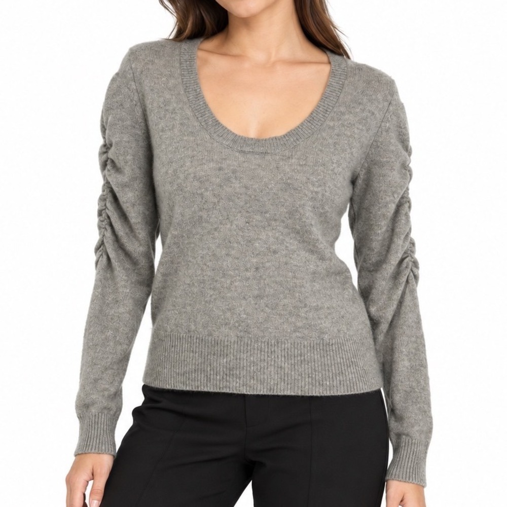 FRAME Grey 100% Cashmere Scoop Neck Sweater Ruched Long Sleeves Women Small